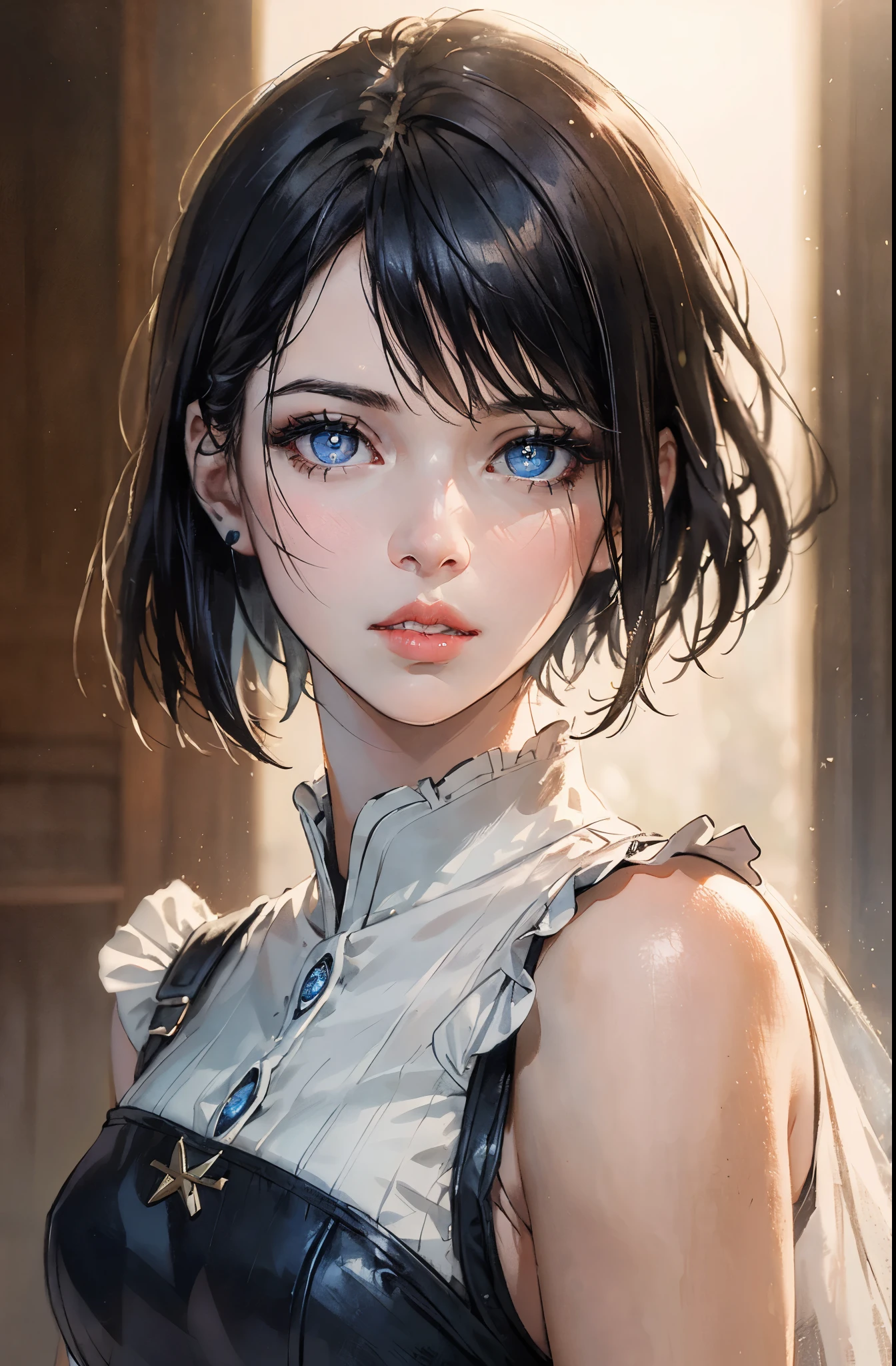 masterpiece, (photorealistic:1.5), realistic, best quality, beautiful lighting, professional lighting,
the matrix, 1girl, black hair, blurry, blue eyes, looking at viewer, solo, parted lips, realistic, short hair, blurry background, lips, depth of field, portrait, film grain