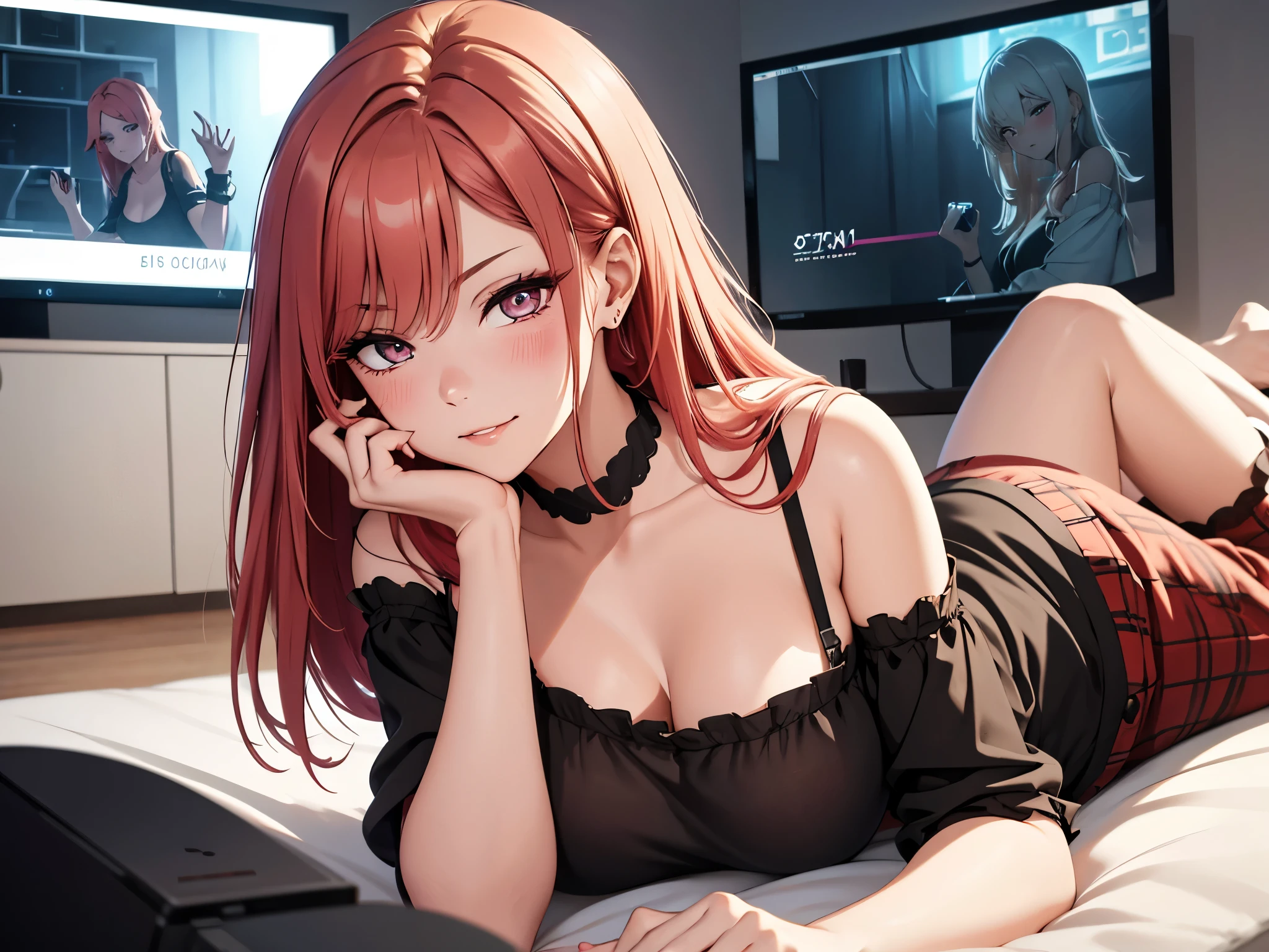 (best quality,8k,16,highres,masterpiece:1.2),ultra-detailed,(realistic:1.37) UHD, exited attractive mature woman, red hair, beautiful detailed eyes, detailed face and expressions, rendered eye ,perfect anatomy, beautiful detailed lips, wearing colourful long pajama pants and an black off the shoulder top, smirking, lusty, horny blushing, lying on couch, leaning forward, simple lying pose, holding holding PS4 controller in hands, holding controller with 2 hands, not looking at viewer, happy, smirking, lusty, horny blush, not too close to viewer, relaxing atmosphere,neutral color scheme ,cozy environment,soft natural lighting, exited expressionenthusiastic gaming session,console gaming, Detalied TV in background, gaming room room, simple background, night time, shot straight , shot from above, front view
