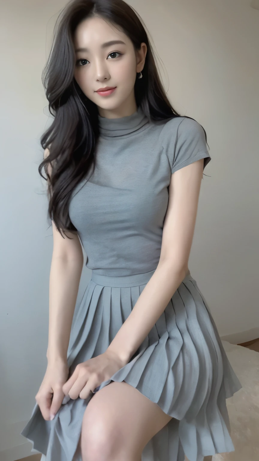 ((top-quality、8k、masterpiece:1.3))、Beautiful woman with perfect body:1.4、slim abdomen:1.2、Longhair, normal breast, Highly detailed facial and skin texture, A detailed eye, (smile), (full body shot), ((studio)), (sitting on the chair), (((wearing pleated skirt)), looking in front, (((plain grey background:1.3)))