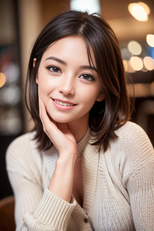 (realistic, photo-realistic:1.37),(8K, RAW photo, highest quality, masterpiece:1.2), cute, Super detailed,heart shaped eyes,Physically based rendering, ultra high resolution, Kodakvision Color, Shot with Aricum LT camera, Bokeh, sharp focus,
looking at the viewer,photorealistic,realistic, alone, photorealistic, highest quality,highly detailed face,highly detailed eyes and face, beautiful and detailed eyes, unforgettable smile,messy hair, floating hair, bright look., model pose, I'm drinking coffee, 8K, highest qualityの, ) (realistic, Photoreal:1.37), highest qualityの, beautiful young woman, attractive、and an inviting look, Oversized knitwear, short hair, Cafe, movie background
