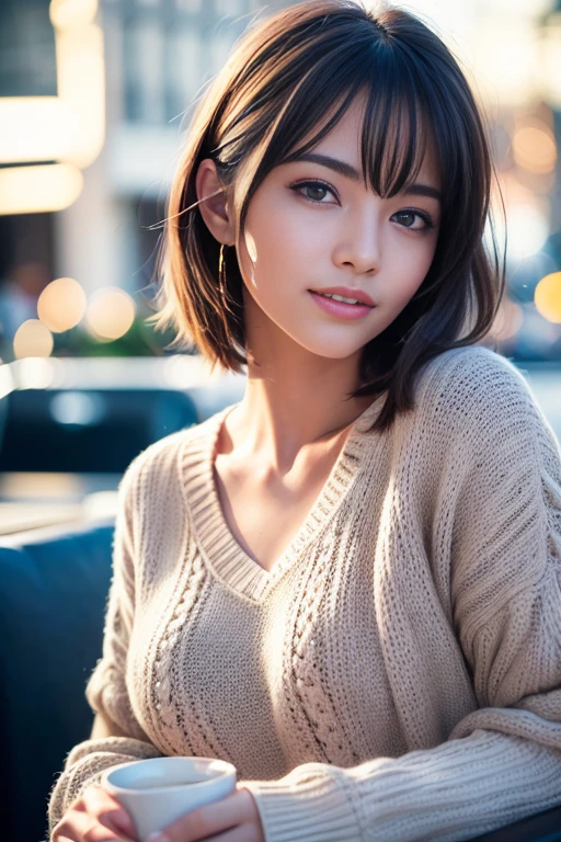 (realistic, photo-realistic:1.37),(8K, RAW photo, highest quality, masterpiece:1.2), cute, Super detailed,heart shaped eyes,Physically based rendering, ultra high resolution, Kodakvision Color, Shot with Aricum LT camera, Bokeh, sharp focus,
looking at the viewer,photorealistic,realistic, alone, photorealistic, highest quality,highly detailed face,highly detailed eyes and face, beautiful and detailed eyes, unforgettable smile,messy hair, floating hair, bright look., model pose, I'm drinking coffee, 8K, highest qualityの, ) (realistic, Photoreal:1.37), highest qualityの, beautiful young woman, attractive、and an inviting look, Oversized knitwear, short hair, Cafe, movie background
