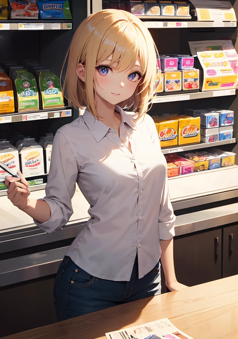 masterpiece, absurdres, best quality, ultra detailed, high Resolution, detailed illustration, extremely beautiful detailed face and eyes, bright colour, 1girl, (loli), cute face, Delicate beautiful face, magenta eyes, cute eyes, sparkling eyes, big eyes, medium breasts, (perky breasts:1.1), (pointy breasts:1.1), medium hips, glamorous body, white skin, happy, BREAK, long bob cut, (blonde hair:0.8), messy hair, detailed hair, shiny hair, BREAK office casual, tiny ribbon, at convenience store, choosing a product, real world, natural lights, perfect lighting,