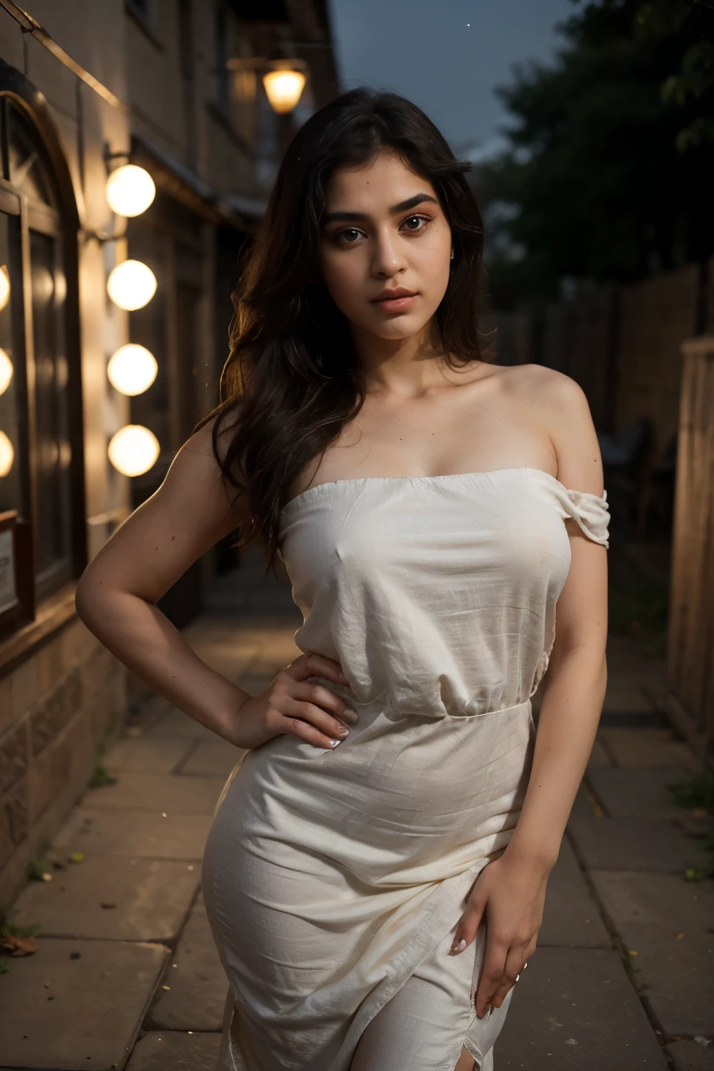 (best quality)), ((masterpiece)), ((detailed)), ((detailed face)), perfect eyes, ((detailed eyes)), ((20 years old)),((big lips)), ((indian girl)), beautiful , ((big black eyes)), perfect eyes, natural light, ((night)), ((big ass)), medium breast,((wearing indian antique cloth)) ,((unique cloth)),((full body covered), (unique dress)), ((pose like supermodel)), standing, nice hairstyle,  in village, (front facing), bare shoulders