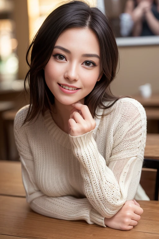 (realistic, photo-realistic:1.37),(8K, RAW photo, highest quality, masterpiece:1.2), cute, Super detailed,heart shaped eyes,Physically based rendering, ultra high resolution, Kodakvision Color, Shot with Aricum LT camera, Bokeh, sharp focus,
looking at the viewer,photorealistic,realistic, alone, photorealistic, highest quality,highly detailed face,highly detailed eyes and face, beautiful and detailed eyes, unforgettable smile,messy hair, floating hair, bright look., model pose, I'm drinking coffee, 8K, highest qualityの, ) (realistic, Photoreal:1.37), highest qualityの, beautiful young woman, attractive、and an inviting look, Oversized knitwear, short hair, Cafe, movie background, D cup