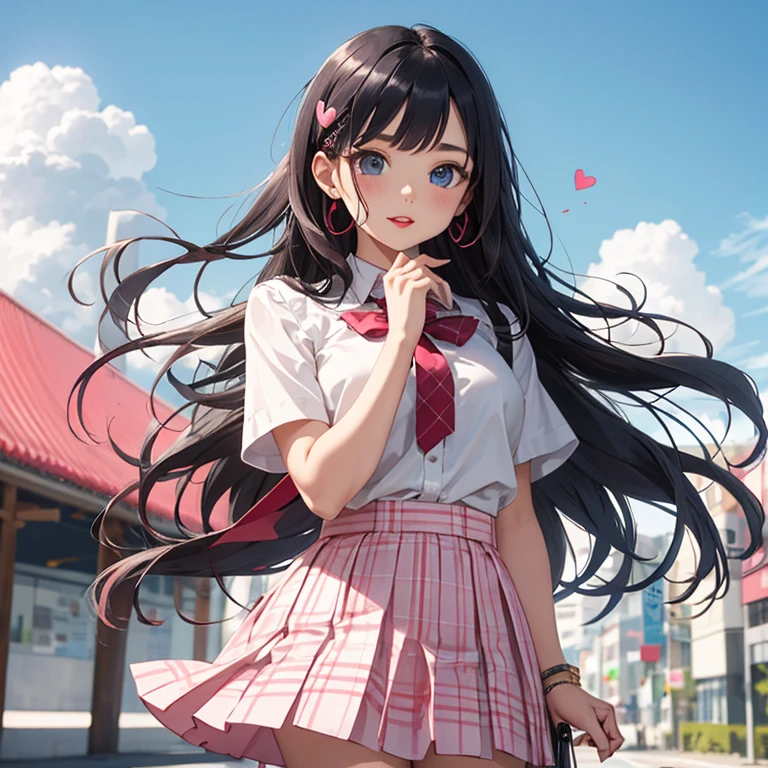 pink checked pleated skirt,  short skirt,  white half-length blouse, pink check ribbon tie, long hair, black hair, Himecut, both pins, perfect appearance,  pretty girl, Cute Pose, heart eyes, Big and long eyebrows, White skin, Holding a square bag in my hand, wind blowing skirt, Blue Sky, White clouds, pink skirt, Cute appearance, colorful hairpins, , big bust, Red lips , red cheeks, gatherbelt
