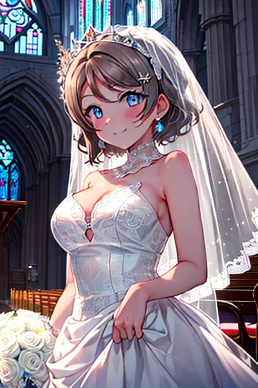 highest quality, masterpiece, High resolution, alone, {Yo Watanabe　love live sunshine:1.15}, long hair, Gray hair,blue eyes, blush, smile,big , bangs,  1 girl,viewer, Wedding dress,veil,bouquet,church,chapel,wedding style