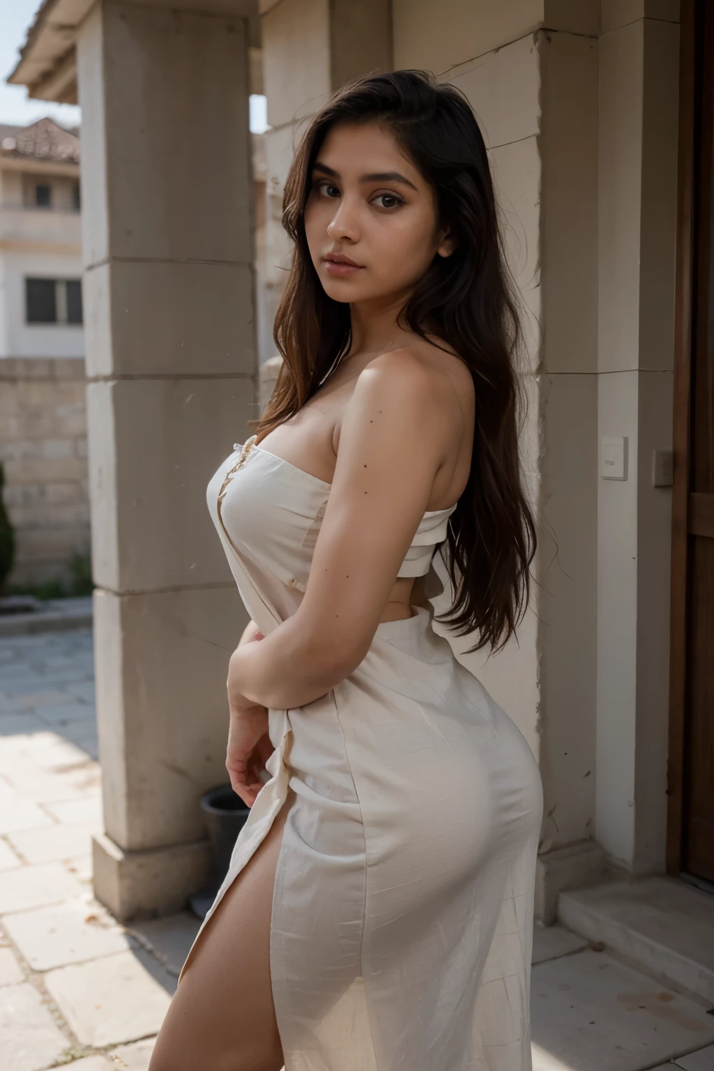 young Italian princess, ((nude)), ((full body)), standing in the garden of the palace, beautiful chest, from front below