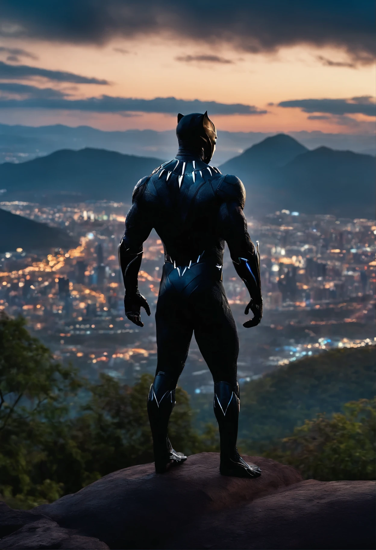 THE BLACK PANTHER RETURNING HOME TO WAKANDA, STANDING ON THE EDGE OF THE MOUNTAIN LOOKING DOWN AT THE DISTANT FUTURISTIC CITY OF WAKANDA THAT IS COVERED BO A PLASMA GLASS FORCEFIELD, NIGHT TIME, 4K, RAW, CANON 100MM