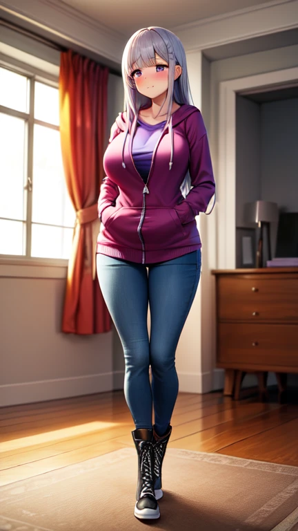 5 foot 5 inch Anime girl wearing a purple shirt under a red zip up hoodie, blue jeans, and black knee high lace up converse boots with round toes, Large breasts, thick thighs, cute, full body image, silver long hair, purple eyes, quality images, (high quality faces), bedroom, standing, blushing and embarrassed