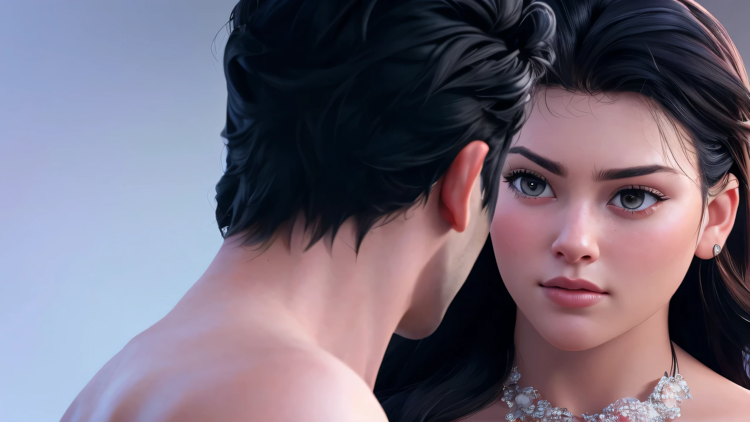 there is a woman looking at a man in a mirror, fan art, high res, movie still 8k, no words 4k, rotoscoped, realistic digital art 4k, realistic digital art 4k, breathtaking look, kiss, realistic picture, realistic art, realistic movie still, very beautiful photo, photorealistic movie still