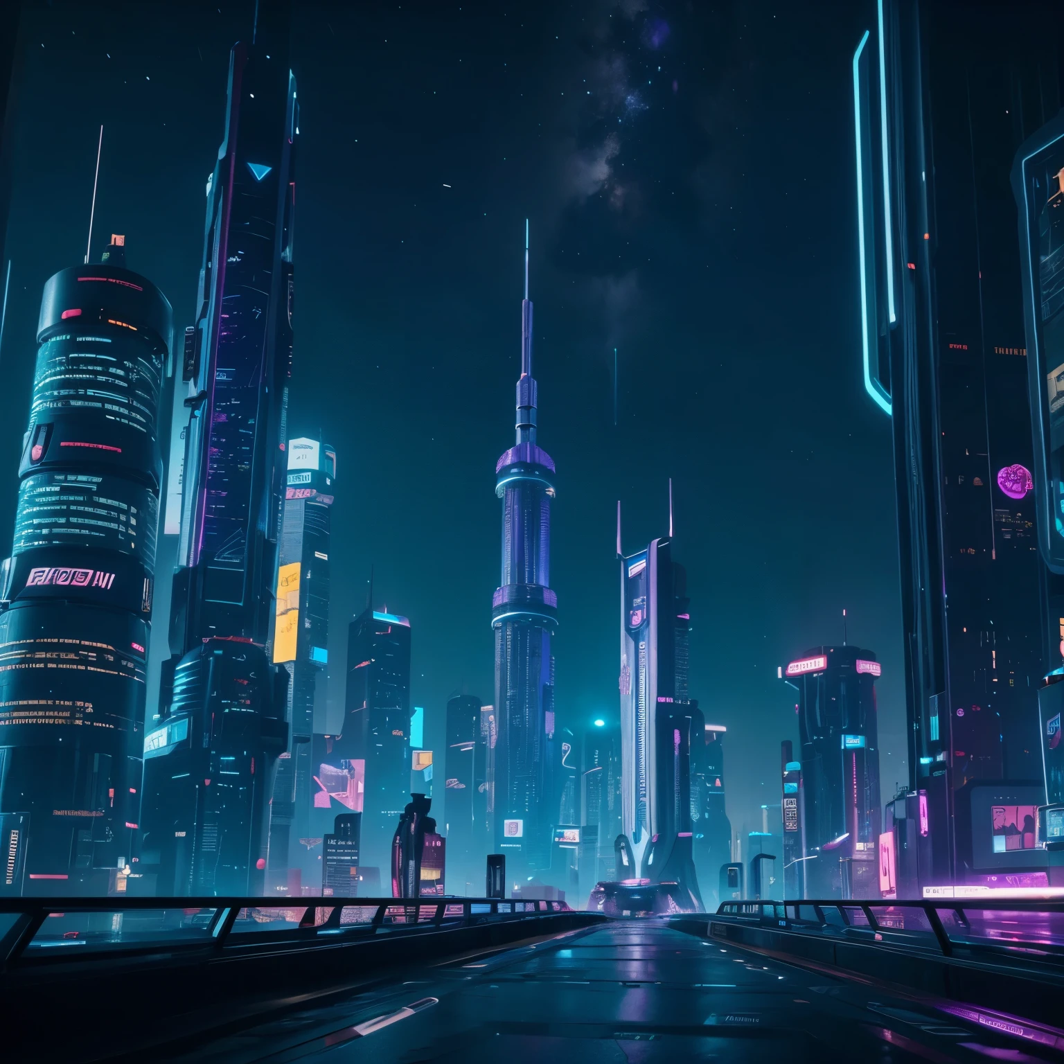 Futuristic city, night sky, Space Tower, cyberpunk 2077