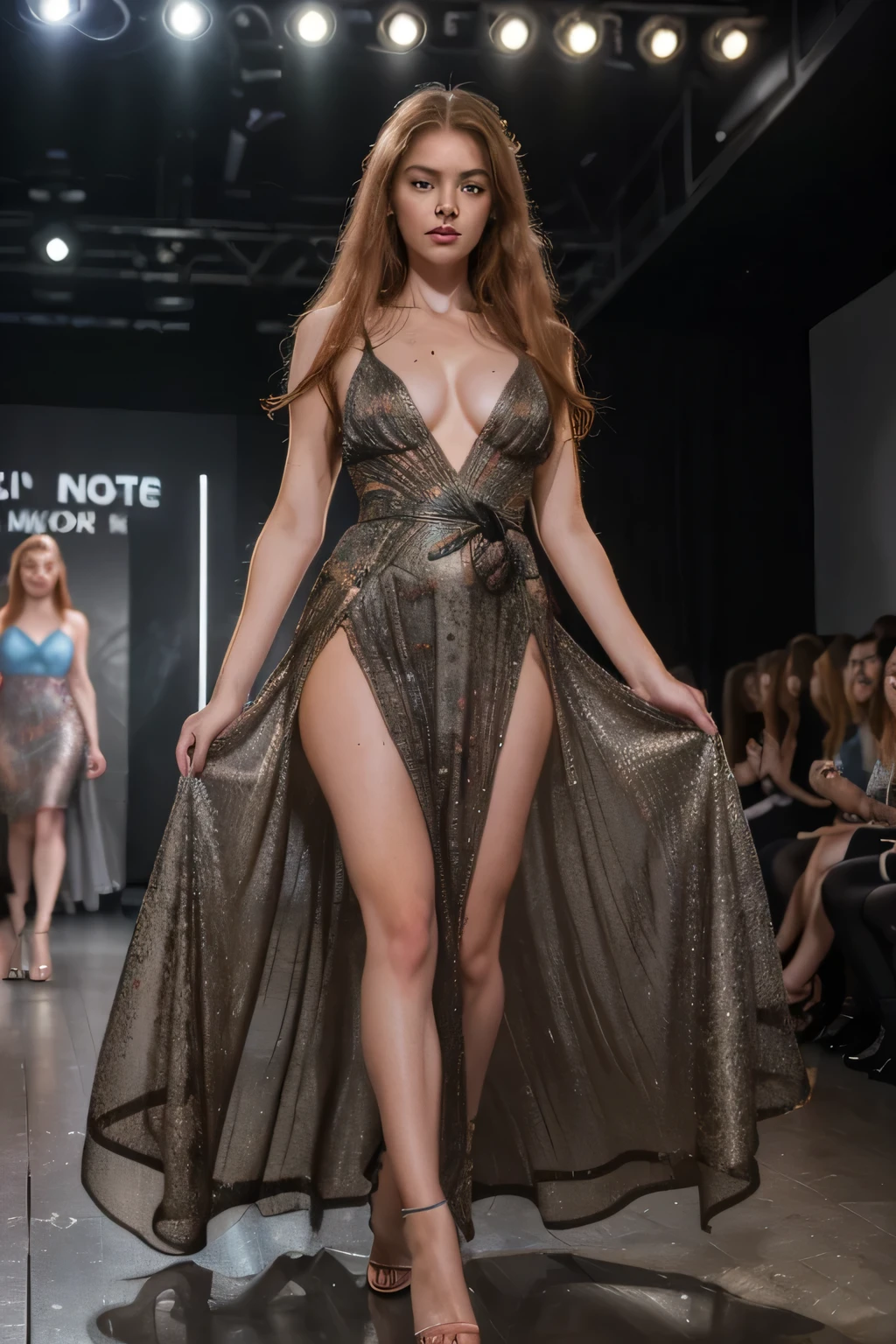 Masterpiece, (((accurate female anatomy, perfect eyes, long ginger hair, full body shot, wearing a full body long dress, doing the cat walk at a fashion show)) soft lighting, colors, very detailed, dramatic lighting, digital art trending on Artstation 8k HD high definition detailed realistic, detailed, skin texture, hyper detailed, realistic skin texture, armature, best quality, ultra high res, (photorealistic:1.4), high resolution, detailed, raw photo, sharp re, nikon d850 film stock photograph 4 kodak portra 400 camera f1.6 lens rich colors hyper realistic lifelike texture dramatic lighting unrealengine trending on artstation cinestill 800, (((500px, fstoppers, photosight.ru, metart, iso noise)))