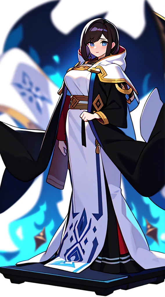 solo female, cloak, (((blurry background, white background))), character focus, fantasy clothes, standing, character design,
