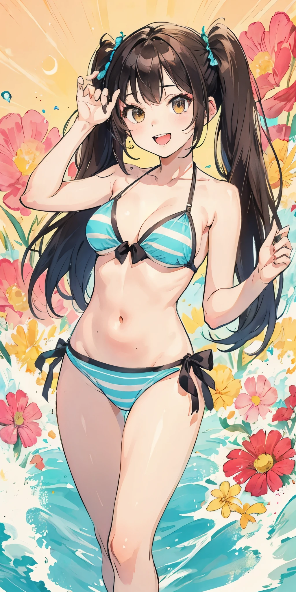 Character: Cana, a girl with twintails and long brown hair, sporting a playful expression. She is confidently posing in a stylish bikini, radiating a vibrant energy.