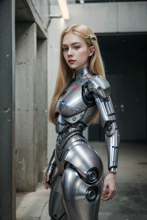 (masterpiece, best quality:1.2), woman with blonde hair posing for a picture, blonde hair and large eyes, pale-skinned perfect face, pale white face, with pale skin, 🤤 girl portrait, faint red lips, pale fair skin!!, red lips, pale skin and dark eyes, lovely delicate face, portait photo profile picture, hyper punk background, (humanoid cyborg:1.4) with (technological cyborg suit:1.4), (standing and looking straight:1.4)