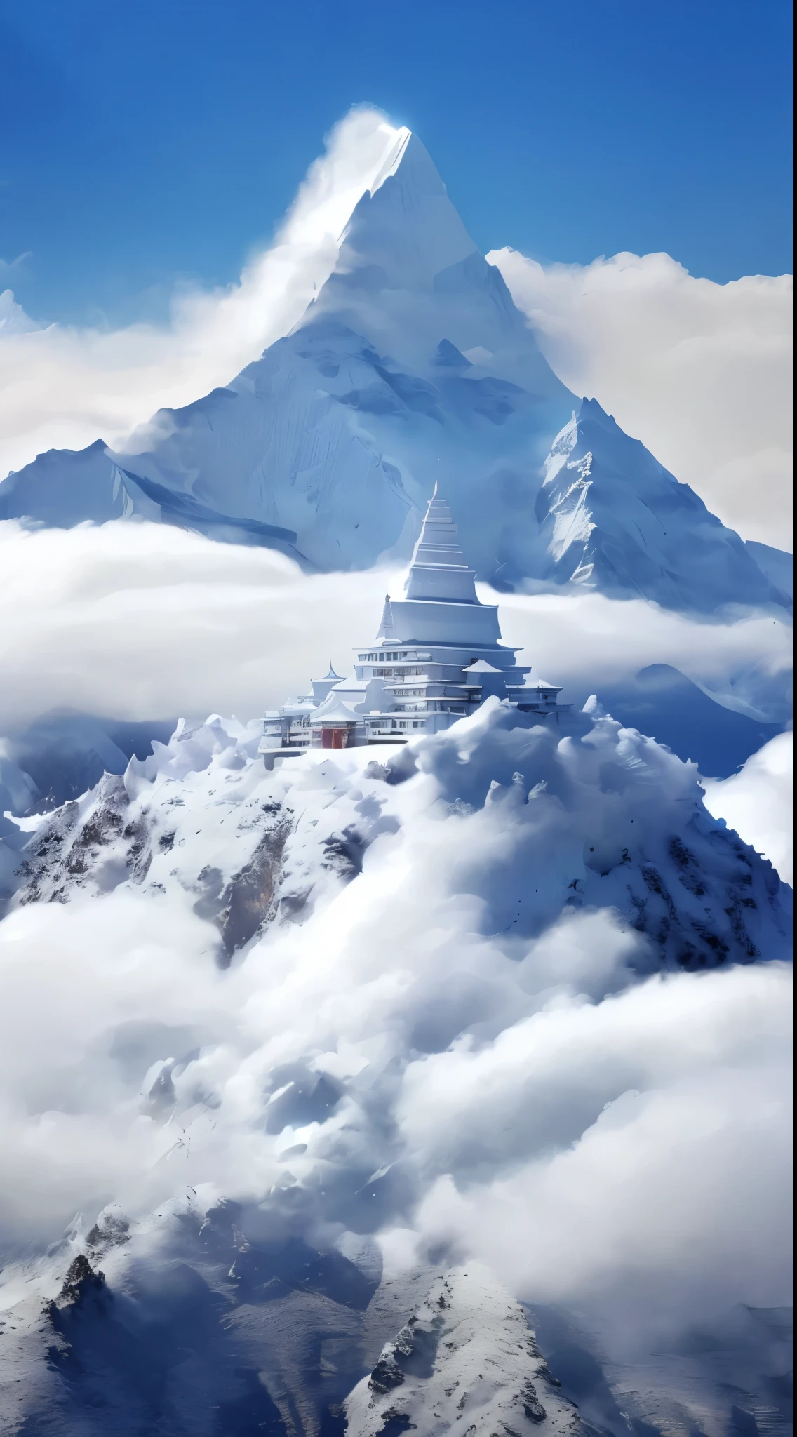Mountains covered with snow and clouds,There is a white building in the middle, 那里有一座snow mountain和 , temple on mars, Shanti Himalayas , snow mountain, Cloud Palace, Castle made of clouds, blend into the mountains, Land floating in the clouds, snowy peak, snow mountain背景, Architectural style, a palace floating in the air