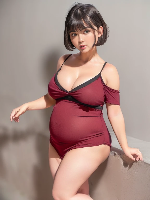 (masterpiece), (best quality), ((MILF)), (large breasts:1.3), (face:1.6), (full body:1.3), (total body:1.3), (realistic),(photoreal), (ultra hi res), (8k), (photo realistic), (a photography of a beautiful girl), (HIGH DETAIL), (INTRICATE), (HQ), (beautiful), (cute), (SEXY FACE), (detailed face), (PERFECT FACE), (hair off forehead bangs:1.3),(short eyebrows),(short hair:1.3),(beautiful detailed black hair:1.3), (little cute li),(flabby body:1.3), (chubby:1.3), (lovehandle:1.3), (potbelly:1.3), (plump:1.3), (bbw:1.3),(short stature:1.3), (lo),(30 year old:1.3),(toddr body:1.3), (Baby f (short bob cut:1.3),(beautiful Eye:1.3) ,(Japanese),(child face), (h1.3),  (wearing red&black off shoulder casual dress:1.3), (black camisole:1.4),(1girl:1.3)