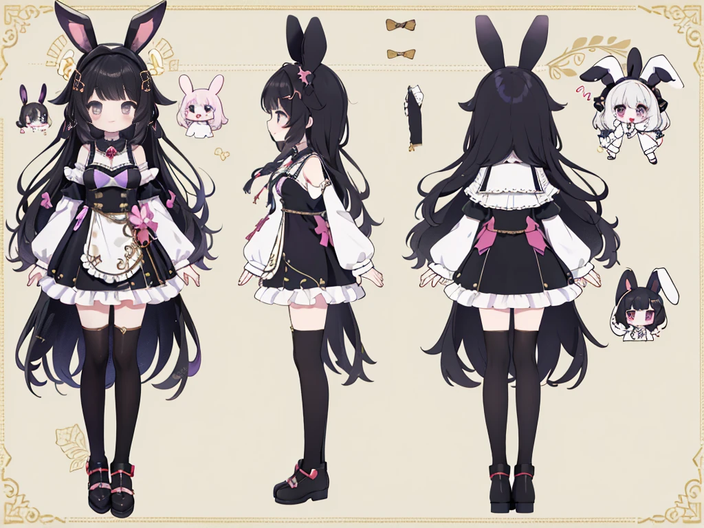 Standing picture、full body esbian、black hair、fluttering hair、smile,masterpiece、best image quality、black and purple mini dress,Moe sleeve,character reference sheet,Kuromi,rabbit ears,side,Height: 150cm