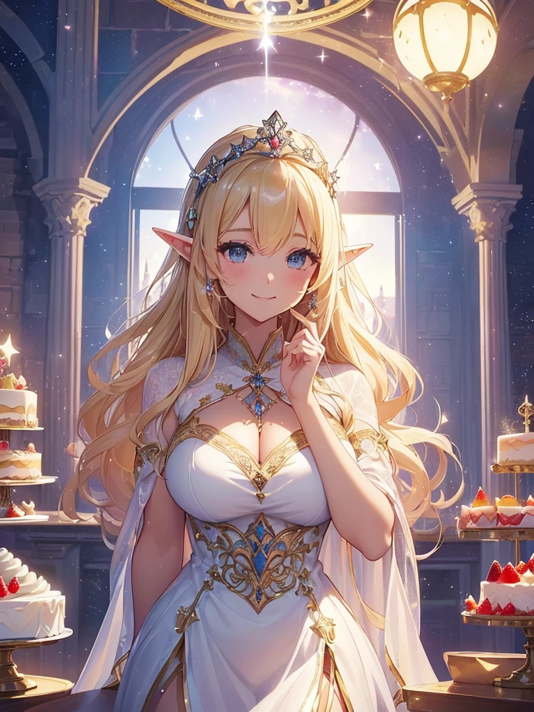highest quality、Highest image quality、masterpiece、A castle made of a 300cm tall giant cake and a beautiful elf((22 years old OL big bust、bust 90,beautiful long ironed hair、blonde、、slender、close up cake、Esbian、beautiful tiara、High quality、beautiful art、background((starry ski)))muste piece、visual art、Depth of bounds written、city of cakes、cake palace、elf ears、、magic of light、space knight、harp melody🎵、A happy smile、gentle light、、Beautiful legs that are gentle on the skin、、、Number of fingers to achieve precise finger movements、ticker beautiful decorative、elegant、mystical　rosa、　heaven、marble columns, beautiful dressy、magnificent marble dome、giant galaxy、amazing strawberry cake、celebration！anniversary、myth、Art nouveau friendly smile、party、🍰huge cake for party、delicious、super huge cake 3 meters、please eat pose、castle made of cake