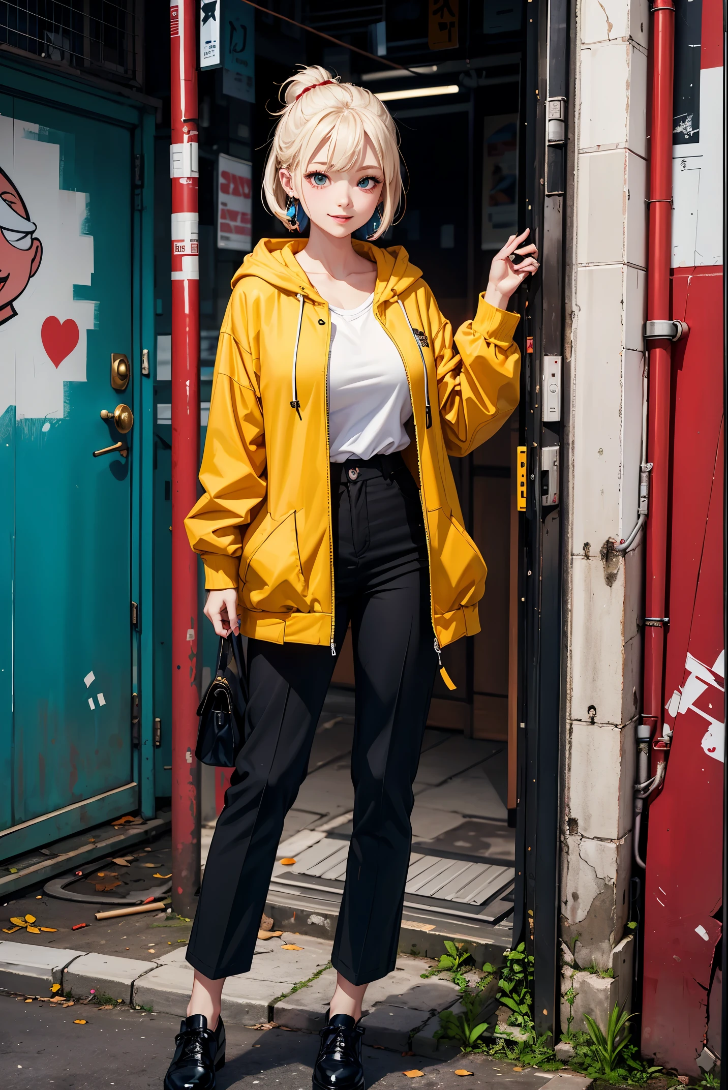 (masterpiece:1.4)、(highest quality:1.4)、ultra high resolution、beautiful features、A little anime style、20 year old woman、blonde short bob、earrings、long coat、long sleeve graphic hoodie、hole trousers、(huge breasts:1.2)、red face、smile、Stand against the wall、Alley、Graphic Arts、paint graffiti on the wall