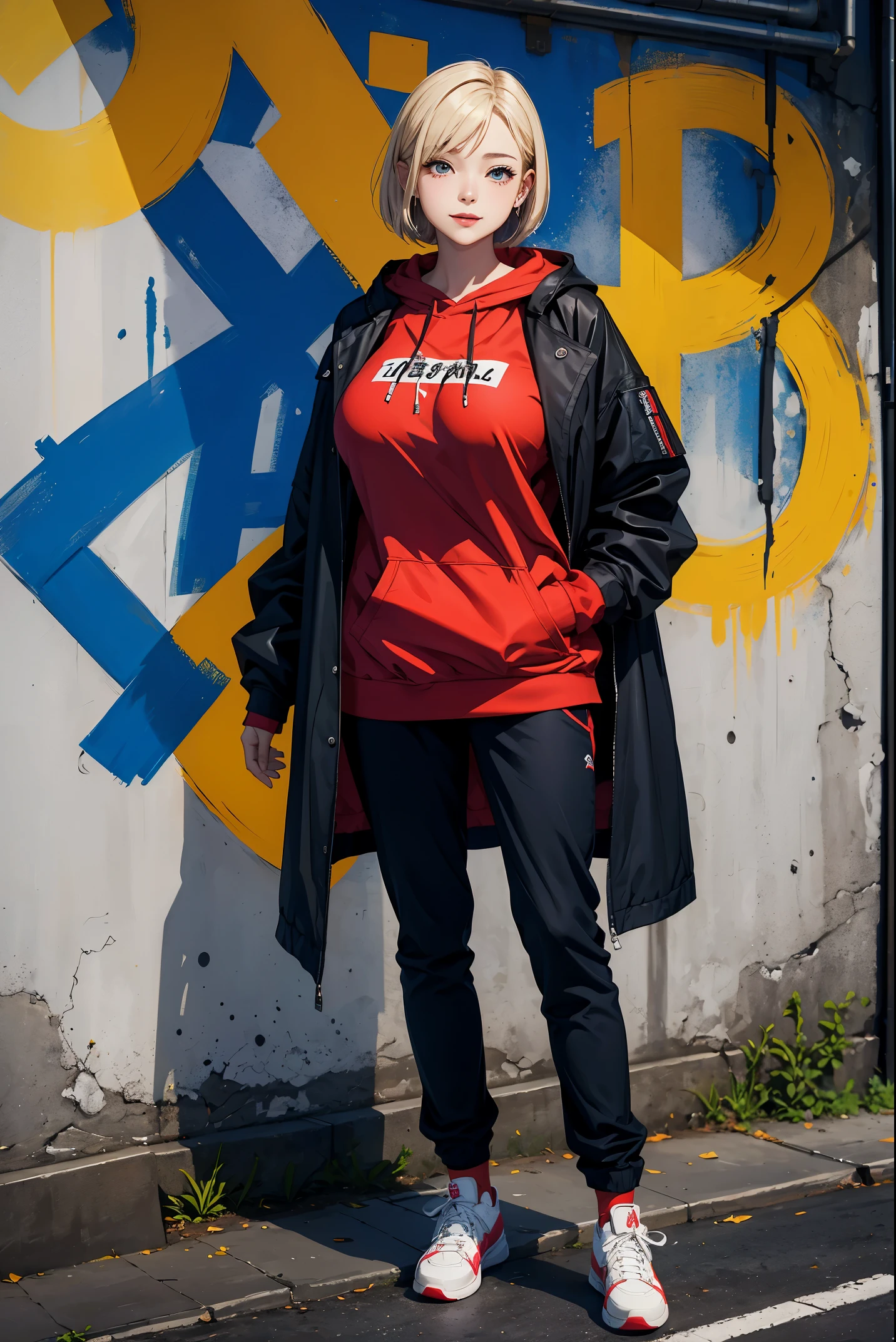 (masterpiece:1.4)、(highest quality:1.4)、ultra high resolution、beautiful features、A little anime style、20 year old woman、blonde short bob、earrings、long coat、long sleeve graphic hoodie、hole trousers、(huge breasts:1.2)、red face、smile、Stand against the wall、Alley、Graphic Arts、paint graffiti on the wall