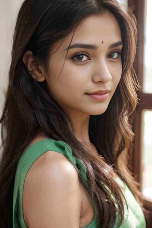 Beautiful ,23 years young Indian girl healthy, confidential looking,8k,realistic, raw photo,dark brown hair,fair skin, indian,long hair,clear facial features,, very detailed, 23years old, innocent face, natural wavy hair, high resolution, masterpiece, best quality, intricate details, highly detailed, sharp focus, detailed skin, realistic skin texture, texture, detailed eyes, professional, 4k, charming smile, shot on Canon, 85mm, shallow depth of field, kodak vision color, perfect fit body, extremely detailed, foto_\(ultra\), photorealistic, realistic, post-processing, maximum detail, roughness, real life, ultra realistic, photorealism, photography, 8k uhd, photography wearing Green bandhani top, applying lip color|Focused look| Window view
