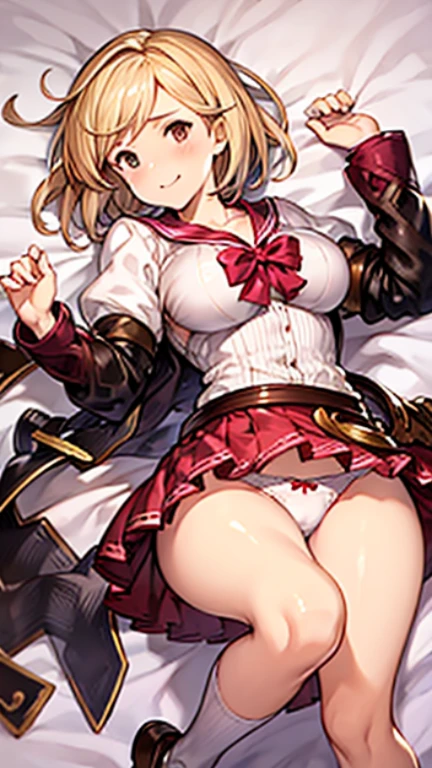 highest quality、8K、one girl,full body figure,big boobs,big boobs,Perfect five-finger、Djeeta (Granblue Fantasy)、mini skirt、I can see white panties、whitepanty、shy face、perfect thing、big breasts、blonde、detailed description、small details、detailed face、school uniform、japanese uniform、high school uniform、djeeta、granblue fantasy、white skin、on the bed、On your back、lie down、Raising both hands、erotic pose、white knee socks、white high socks
