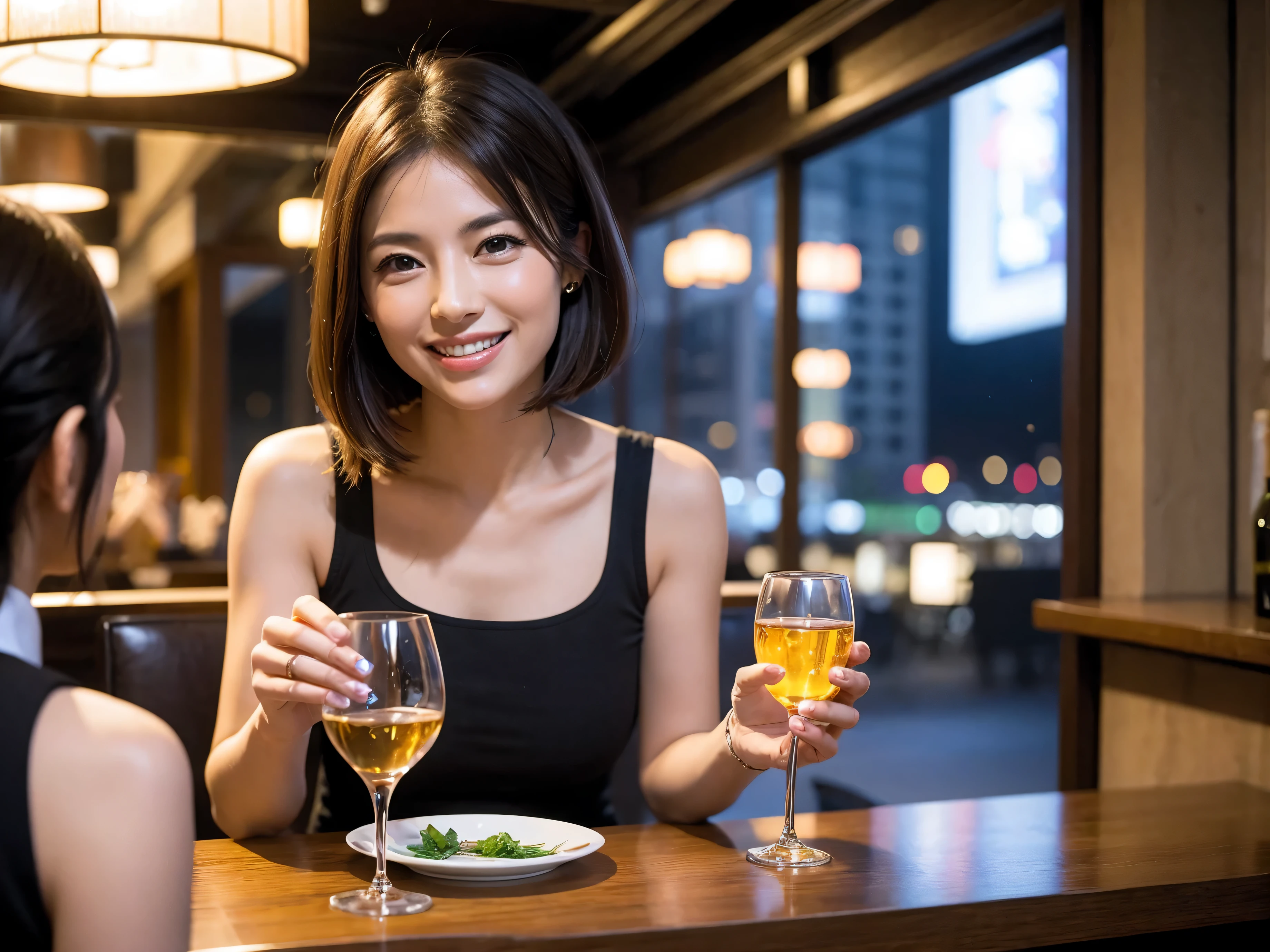 Detailed images that look like they were taken with a high-end camera、party、couple、banquet、Japan Sake Fan、I love Japanese sake、Because I'm slender、Woman drinking alcohol、36 years old、38 years old、Colombia、Brazilian、Japanese、Dutch、German、Portuguese、Belgian、chiri、American、french、Spaniard、Italian、Indian、Englishman、Cut your hair short、brown hair、Beautiful woman with a glass and a cup、Sake glasses and wine glasses contain sake..、720m of Japanese sake、1.You can also see the 8L sake bottle..、There is also Choshi、adult woman in her 30s、Smiling with a beautiful smile while enjoying a drink.、The location is a hotel restaurant.、A beautiful night view of the city can be seen outside the window.、The floor is on the 1st floor、In the background you can see a man and a woman enjoying alcohol..。
