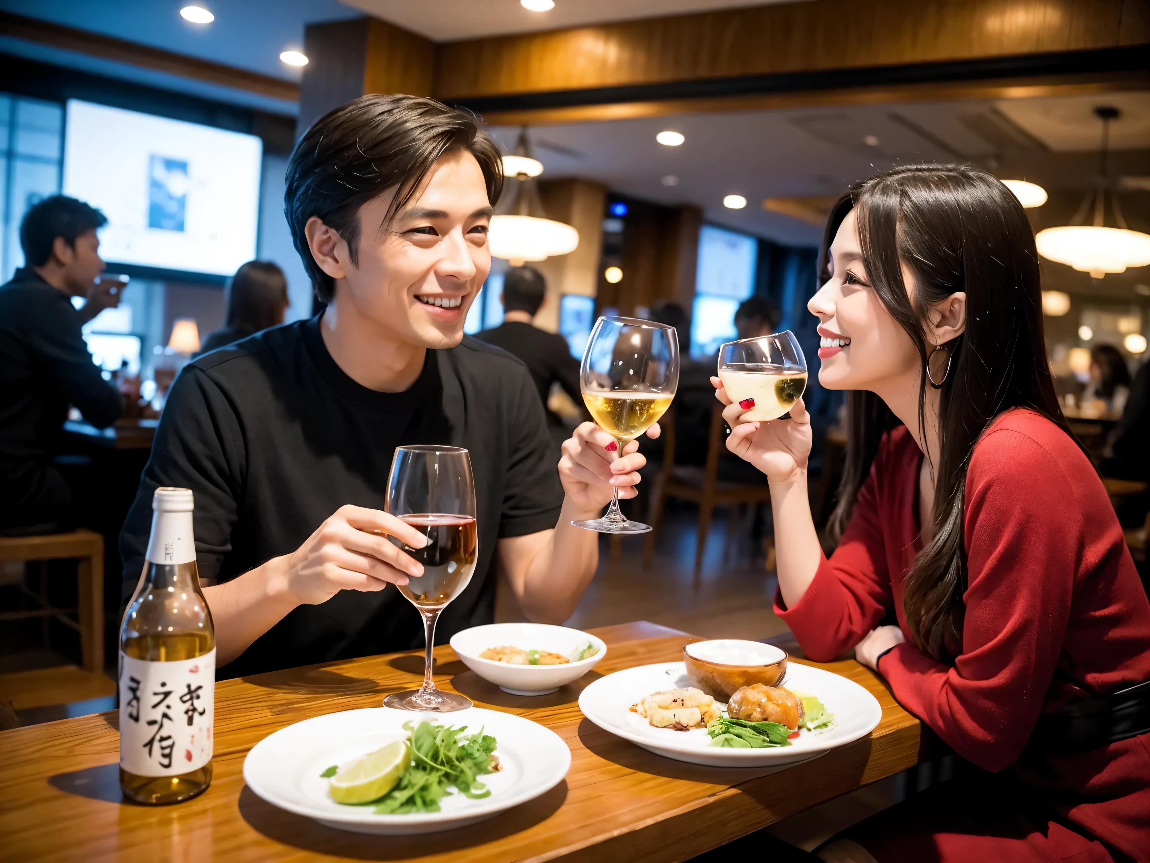 Detailed images that look like they were taken with a high-end camera、party、couple、banquet、Japan Sake Fan、I love Japanese sake、Because I'm slender、Woman drinking alcohol、36 years old、38 years old、Colombia、Brazilian、Japanese、Dutch、German、Portuguese、Belgian、chiri、American、french、Spaniard、Italian、Indian、Englishman、Cut your hair short、brown hair、Beautiful woman with a glass and a cup、Sake glasses and wine glasses contain sake..、720m of Japanese sake、1.You can also see the 8L sake bottle..、There is also Choshi、adult woman in her 30s、Smiling with a beautiful smile while enjoying a drink.、The location is a hotel restaurant.、A beautiful night view of the city can be seen outside the window.、The floor is on the 1st floor、In the background you can see a man and a woman enjoying alcohol..。