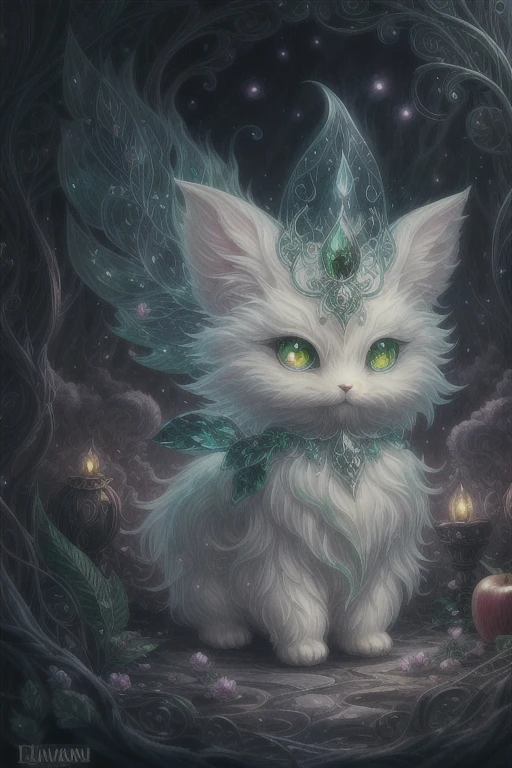 ultra highly detailed, fantasy acrylic painting, a cute chibi fluffy ghost fiberglass clear animal creature, clear creature, ghost creature, apples, emerald swirling smoke, red moon, moonlight, forest, leaves, Jeremiah Ketner. filigree detailed, complex background, dynamic lighting, lights, digital painting, intricated pose, highly detailed filigree, intricated, cute, surreal
