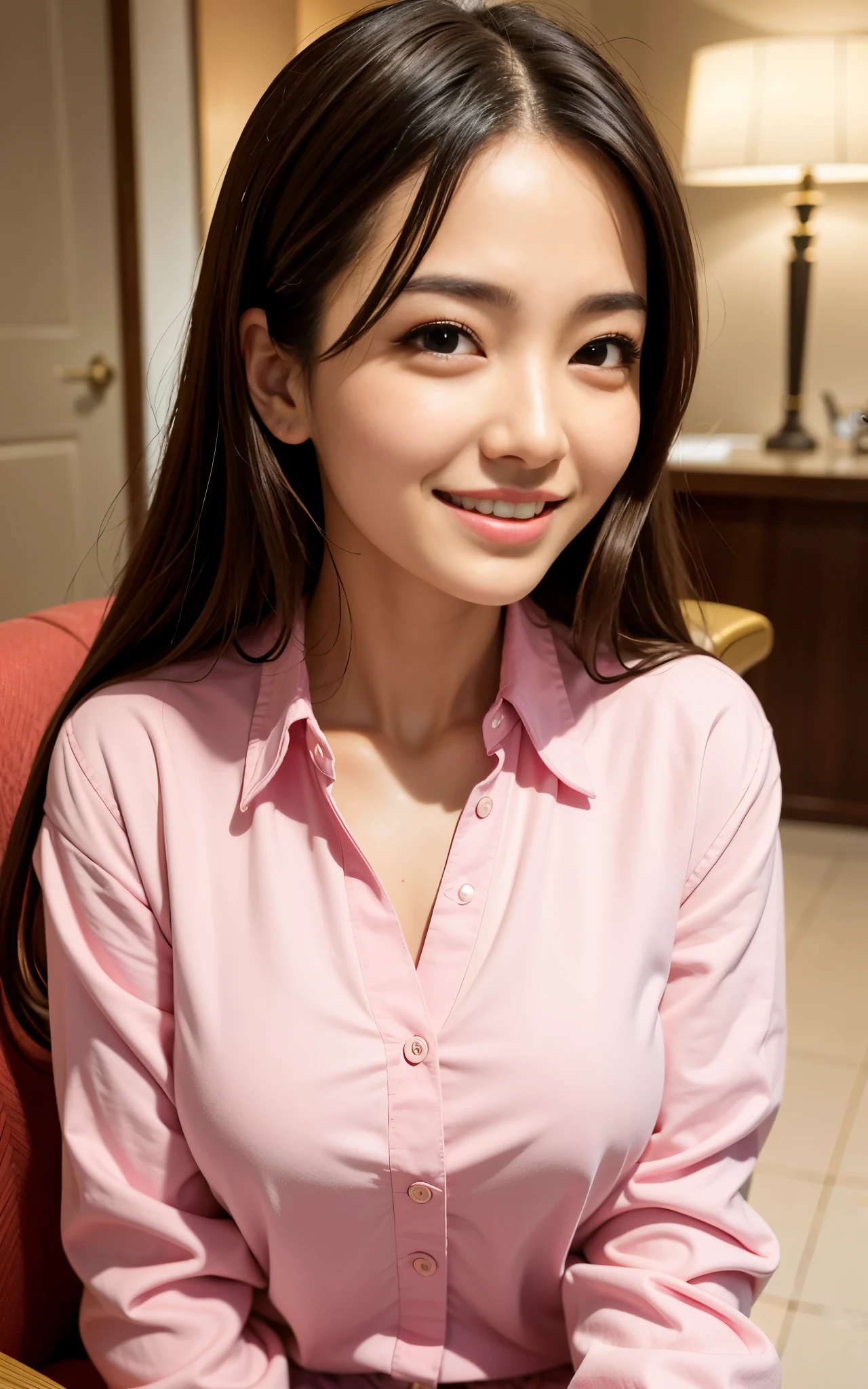 highest quality, figure, super detailed, finely, High resolution, 8k wallpaper, 完璧なダイナミックな構figure, beautiful skin, (Big eyes that shine like jewels), 20 year old beautiful girl, natural color lip, (sexy pose), Chest middle, smile, Highly detailed face and skin texture, Detailed eyes, Double eyelid,leaking teeth and laughing, close-up, from side, Brown hair long hair, (pink jacket), (shirt:1.2), beautiful hotel lobby