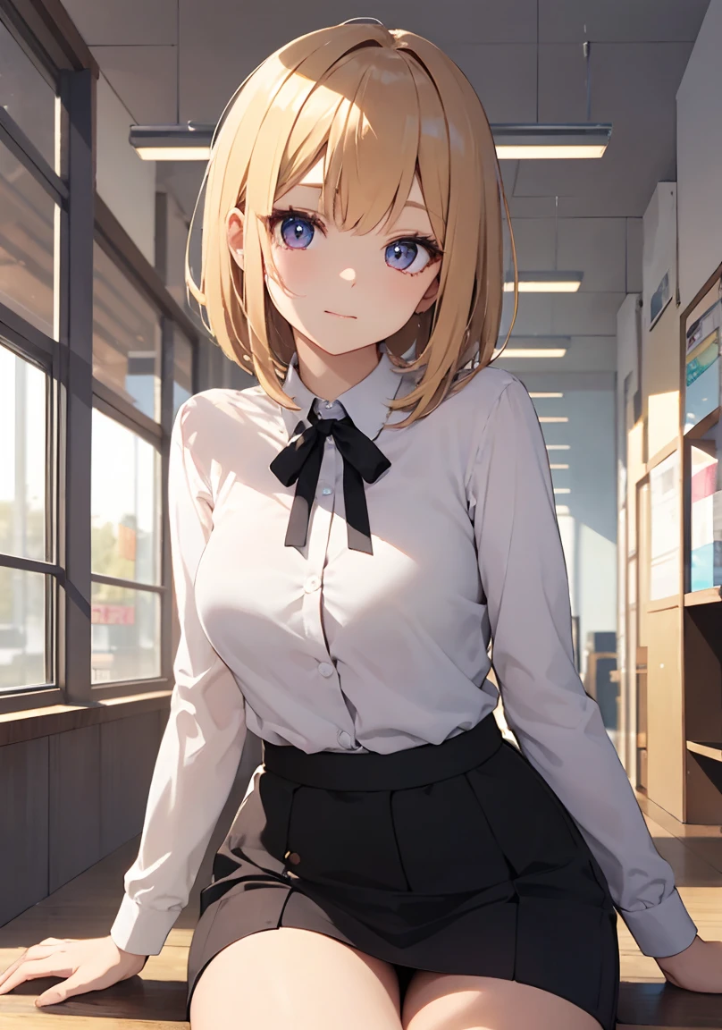 masterpiece, absurdres, best quality, ultra detailed, high Resolution, detailed illustration, extremely beautiful detailed face and eyes, bright colour, 1girl, (loli), cute face, Delicate beautiful face, magenta eyes, cute eyes, sparkling eyes, big eyes, medium breasts, (perky breasts:1.1), (pointy breasts:1.1), medium hips, glamorous body, white skin, happy, BREAK, long bob cut, (blonde hair:0.8), messy hair, detailed hair, shiny hair, BREAK office casual, tiny ribbon, at convenience store, choosing a product, real world, natural lights, perfect lighting,