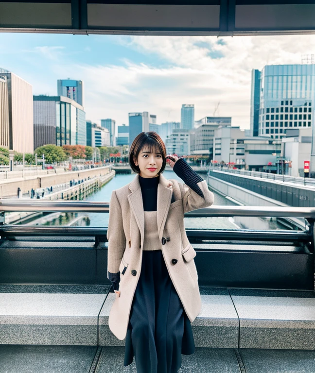 （master piece、8k、Raw photo、Reality）Japan Solo Women、short bob、Realistic cityscape with background、Clothing specified winter coordination