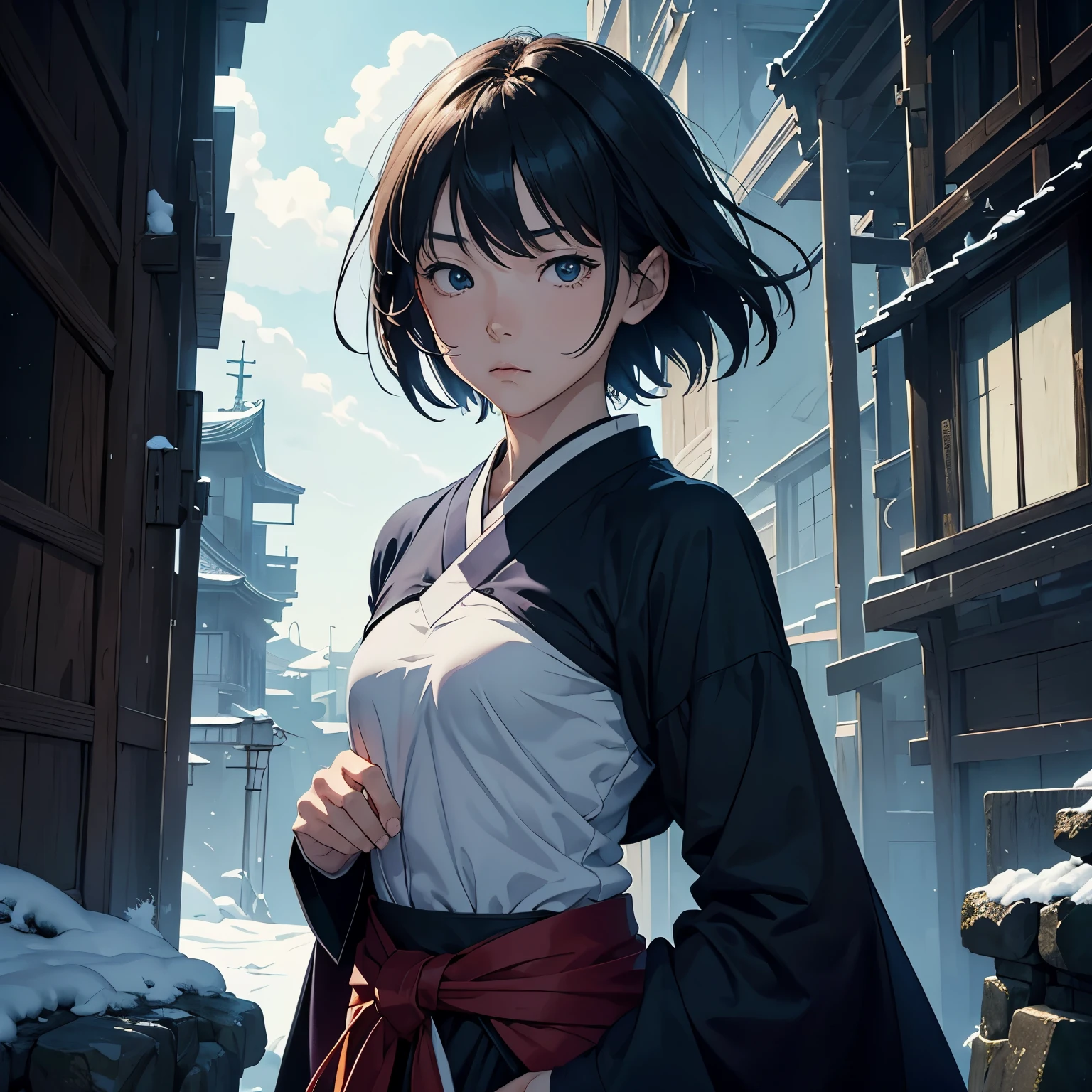 Masakazu Katsura, Charles Vess, Surreal, mysterious, bizarre, fantastic, fantasy, sci-fi, Japanese anime, sleeping in the quiet winter blues, this city's New Year's Day, the morning light falling endlessly on the earth, the feelings in my turbulent heart that I almost forgot about, the boy accelerating and looking up at the loose sky, beautiful girl perfect body, detailed masterpiece