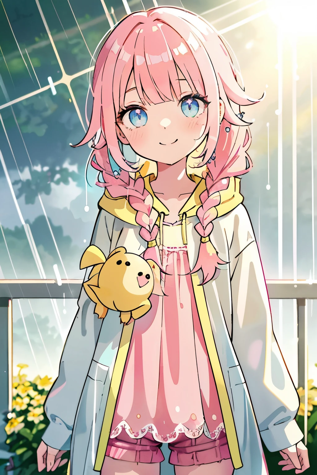 Chibi,girl,(jeans texture shorts:1.1),(Tunic dress with pink lace:1.2),(Wearing a hoodie in yellow modern style fashion:1.2),(plaid poncho:1.3),(sun shower:1.5),(foggy:1.2),(cute rain coat:1.3),(colorful hair:1.3), (Separate from long hair with double braided pigtails々Bangs:1.3),(Blue bright eyes),(Big perfect eyes like diamonds:1.2), cute, (High resolution:1.5),(Flower patterns:.25), Pink details with shine and brushes,(smile:1.1),(close up of face:1.3),(wet hair:1.3)