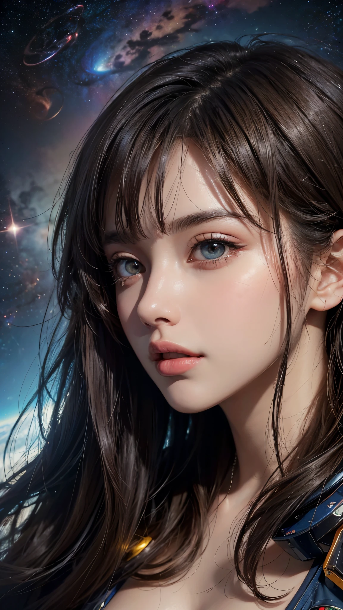 (UHD, retina, masterpiece, accurate, anatomically_correct, textured_skin, super_detail, high_details, high_quality, best_quality, high_res, 1080P, HD, 4K, 8k, 16k), (beautiful_detailed_eyes, beautiful_detailed_lips, extremely_detailed_eyes_and_face), soft_lighting, physically-based_rendering, vivid_colors, (large_breasts:1.5), (shiny_hair, shiny_skin, tanned_skin, blush), (bangs:1.5), eye_reflection, (bokeh), semi-profile_view, (space_opera:1.5),
