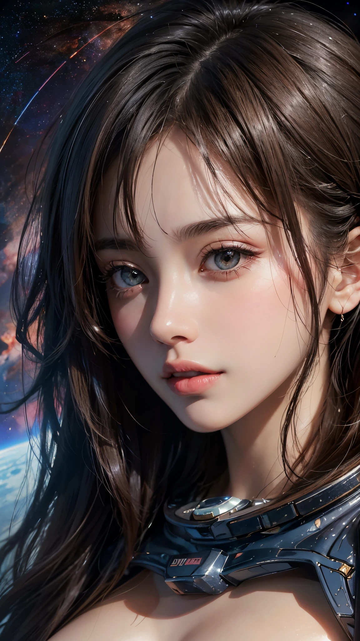 (UHD, retina, masterpiece, accurate, anatomically_correct, textured_skin, super_detail, high_details, high_quality, best_quality, high_res, 1080P, HD, 4K, 8k, 16k), (beautiful_detailed_eyes, beautiful_detailed_lips, extremely_detailed_eyes_and_face), soft_lighting, physically-based_rendering, vivid_colors, (large_breasts:1.5), (shiny_hair, shiny_skin, tanned_skin, blush), (bangs:1.5), eye_reflection, (bokeh), semi-profile_view, (space_opera:1.5),