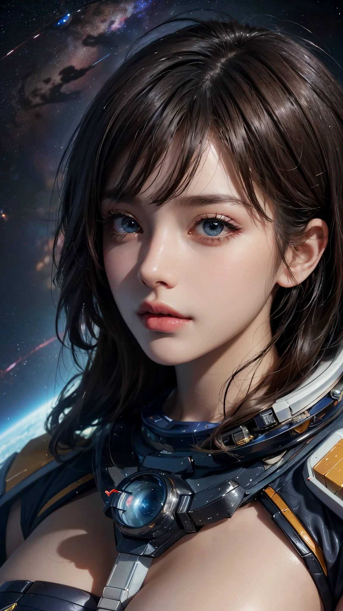 (UHD, retina, masterpiece, accurate, anatomically_correct, textured_skin, super_detail, high_details, high_quality, best_quality, high_res, 1080P, HD, 4K, 8k, 16k), (beautiful_detailed_eyes, beautiful_detailed_lips, extremely_detailed_eyes_and_face), soft_lighting, physically-based_rendering, vivid_colors, (large_breasts:1.5), (shiny_hair, shiny_skin, tanned_skin, blush), (bangs:1.5), eye_reflection, (bokeh), semi-profile_view, (space_opera:1.5),