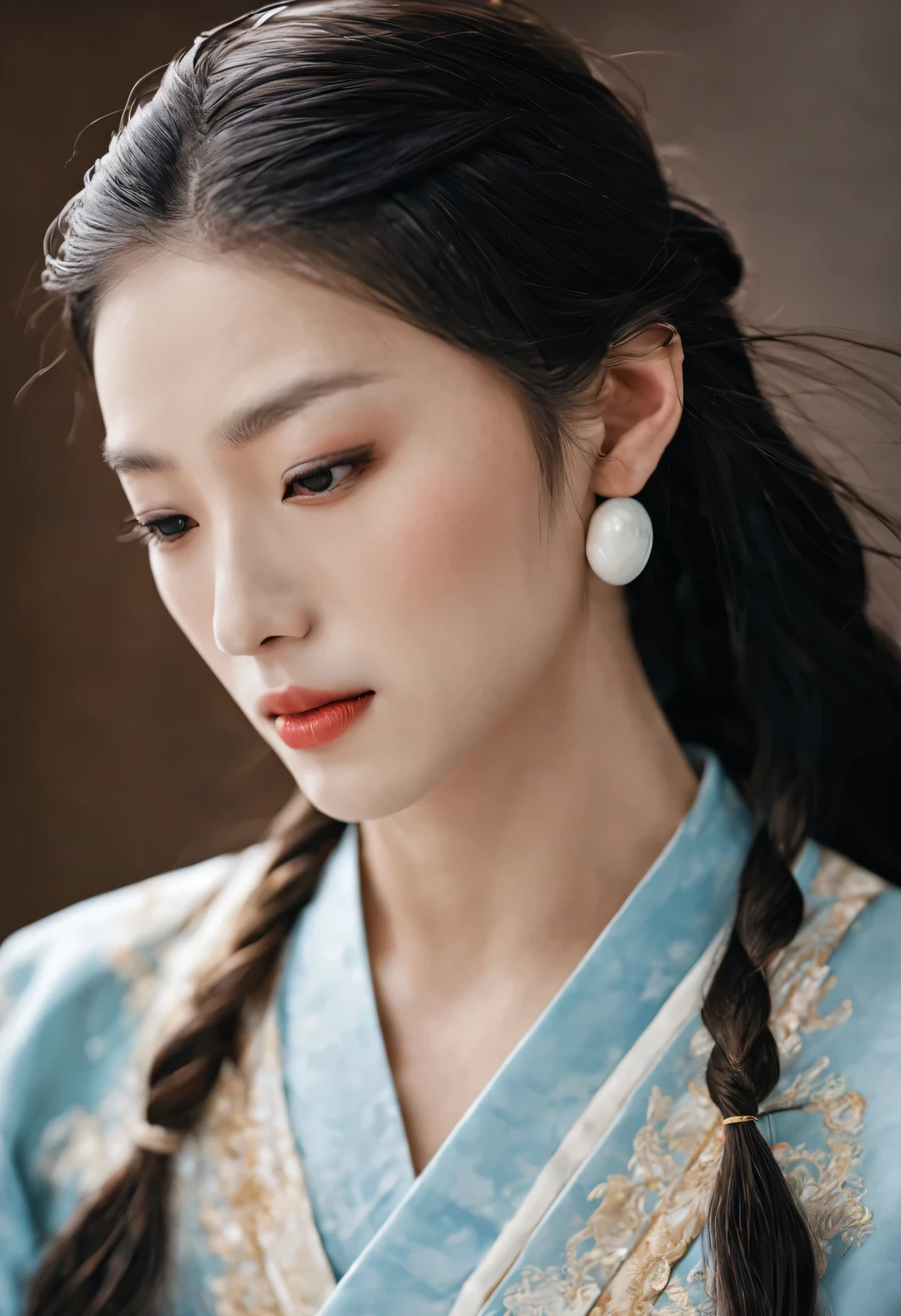 Song Yu, Handsome guy in ancient China, Bright face with flowing long hair. whole body. Elegant details, light blue, White woven shirt, Exquisite facial features, Symmetrical face shape, Long and thick eyebrows slightly upward, Bright and vibrant eyes, Revealing a kind of wisdom and agility, Lips are rosy and full, slightly raised, And his sexy big mouth is red and full, The nose is straight and not prominent, His smile is bright and natural, Perfect as Song Yu's skin sculpture, Bright and delicate, Smooth as white jade, His skin exudes a healthy glow, Gives people a fresh and pure feeling, His cheeks flushed slightly, Surrealism肖像,,3D model,Surrealism,dream,long term exposure,Photographic,