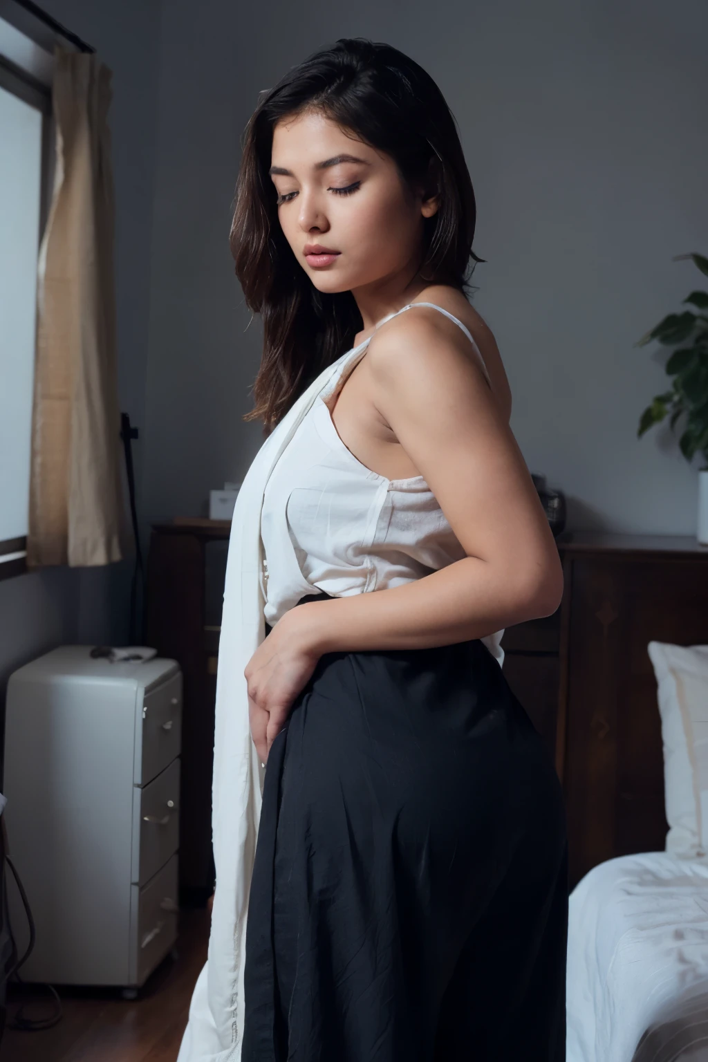 (best quality)), ((masterpiece)), ((detailed)), ((detailed face)), perfect eyes, ((detailed eyes)), ((20 years old)), ((indian girl)), beautiful , ((big black eyes)), perfect eyes, natural light, ((day)), ((big ass)), medium breast,((wearing indian antique suits)) ,((full body covered), ((pose like supermodel)), standing, nice hairstyle, in room, bare shoulders, ((eyes closed))