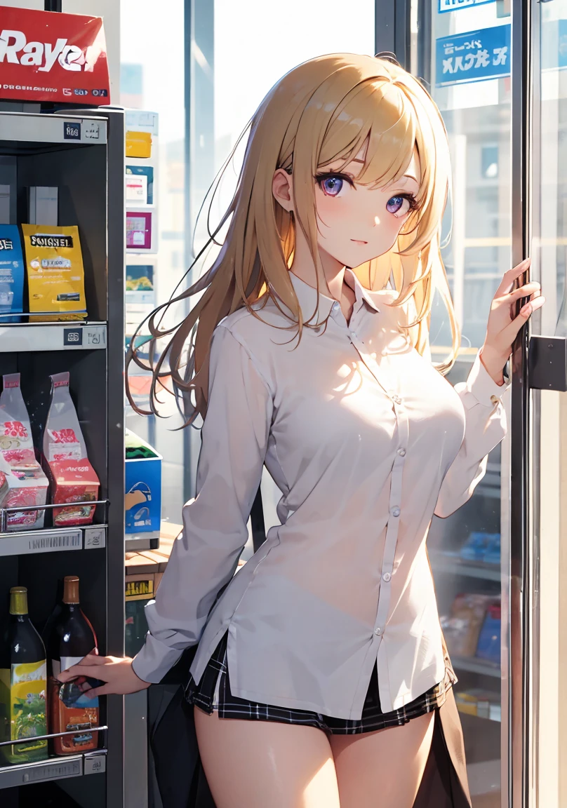 masterpiece, absurdres, best quality, ultra detailed, high Resolution, detailed illustration, extremely beautiful detailed face and eyes, bright colour, 1girl, (loli), cute face, Delicate beautiful face, magenta eyes, cute eyes, sparkling eyes, big eyes, medium breasts, (perky breasts:1.1), (pointy breasts:1.1), medium hips, glamorous body, white skin, happy, BREAK, long bob cut, (blonde hair:0.8), messy hair, detailed hair, shiny hair, BREAK office casual, tiny ribbon, at convenience store, choosing a product, real world, natural lights, perfect lighting,