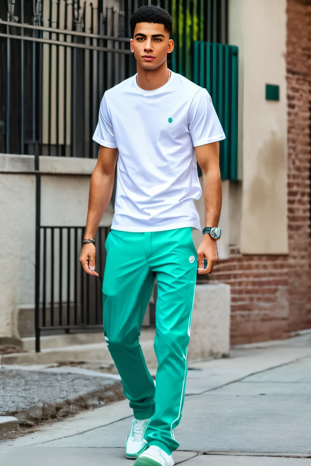 A realistic portrayal of an une person, a mixed-race boy walking with a white T-shirt and stylish pants, carrying a mint green Rolex --s2
A highly detailed and hyper-realistic image of an une, a person of mixed race, casually strolling with a plain white T-shirt and fashionable pants, prominently displaying a mint green Rolex watch.