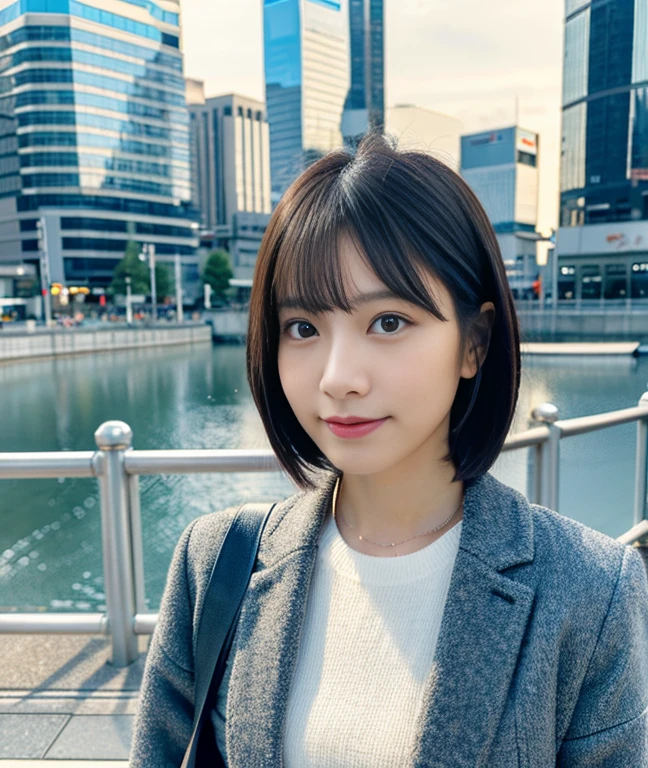 （master piece、8k、Raw photo、Reality）Japan Solo Women、short bob、Realistic cityscape with background、Clothing specified winter coordination、realistic skin feel、detailed face