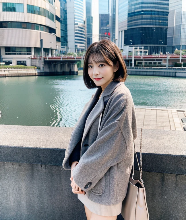 （master piece、8k、Raw photo、Reality）Japan Solo Women、short bob、Realistic cityscape with background、Clothing specified winter coordination、realistic skin feel、detailed face