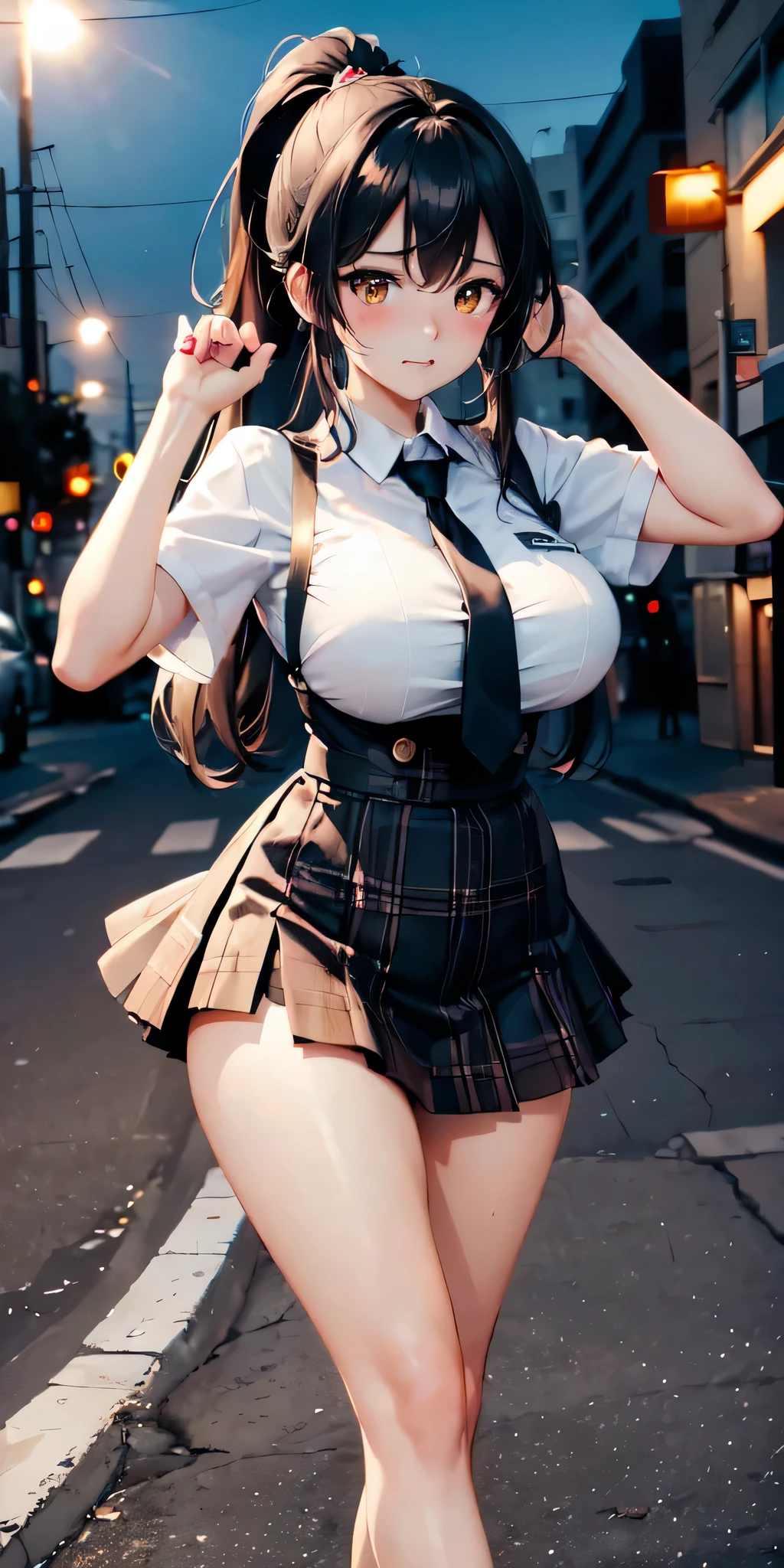 (((professional: Step by step, The end result is divine))): "(masterpiece, best quality), 1 girl, Sakuya Nishihama, black hair, long hair, ponytail, skinny, big breasts, white collar shirt, plaid mini skirt, tie, looking at the audience, raise arms, (Stand with legs open:1.1), , juice, Short socks, shoe, Grit your teeth, (frown, blush:1.2), yellow eyes, (street:1.2), night sky"