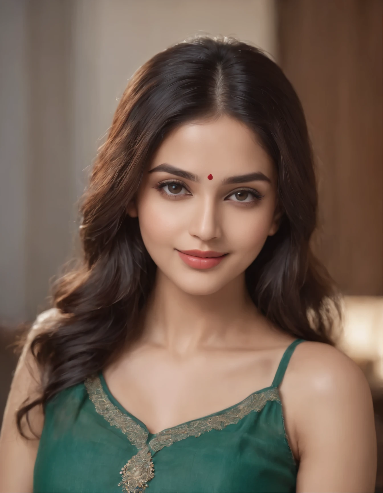 Full body Beautiful ,23 years young Indian girl healthy, confidential looking,8k,realistic, raw photo,dark brown hair,fair skin, indian,long hair,clear facial features,, very detailed, 23years old, innocent face, natural wavy hair, high resolution, masterpiece, best quality, intricate details, highly detailed, sharp focus, detailed skin, realistic skin texture, texture, detailed eyes, professional, 4k, charming smile, shot on Canon, 85mm, shallow depth of field, kodak vision color, perfect fit body, extremely detailed, foto_\(ultra\), photorealistic, realistic, post-processing, maximum detail, roughness, real life, ultra realistic, photorealism, photography, 8k uhd, photography wearing Green bandhani top, applying lip color|Focused look| Window view 