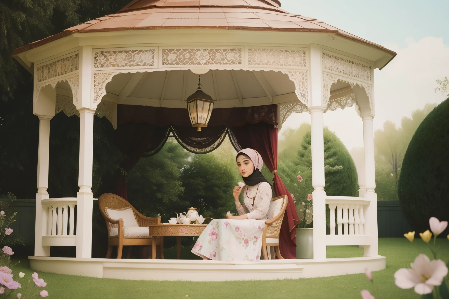 In the charming gazebo of a Victorian-inspired garden in the 1990s, a tween Arab girl, with a hijab and a floral-printed dress, enjoys a solitary tea party, surrounded by lace curtains and vintage porcelain teacups.