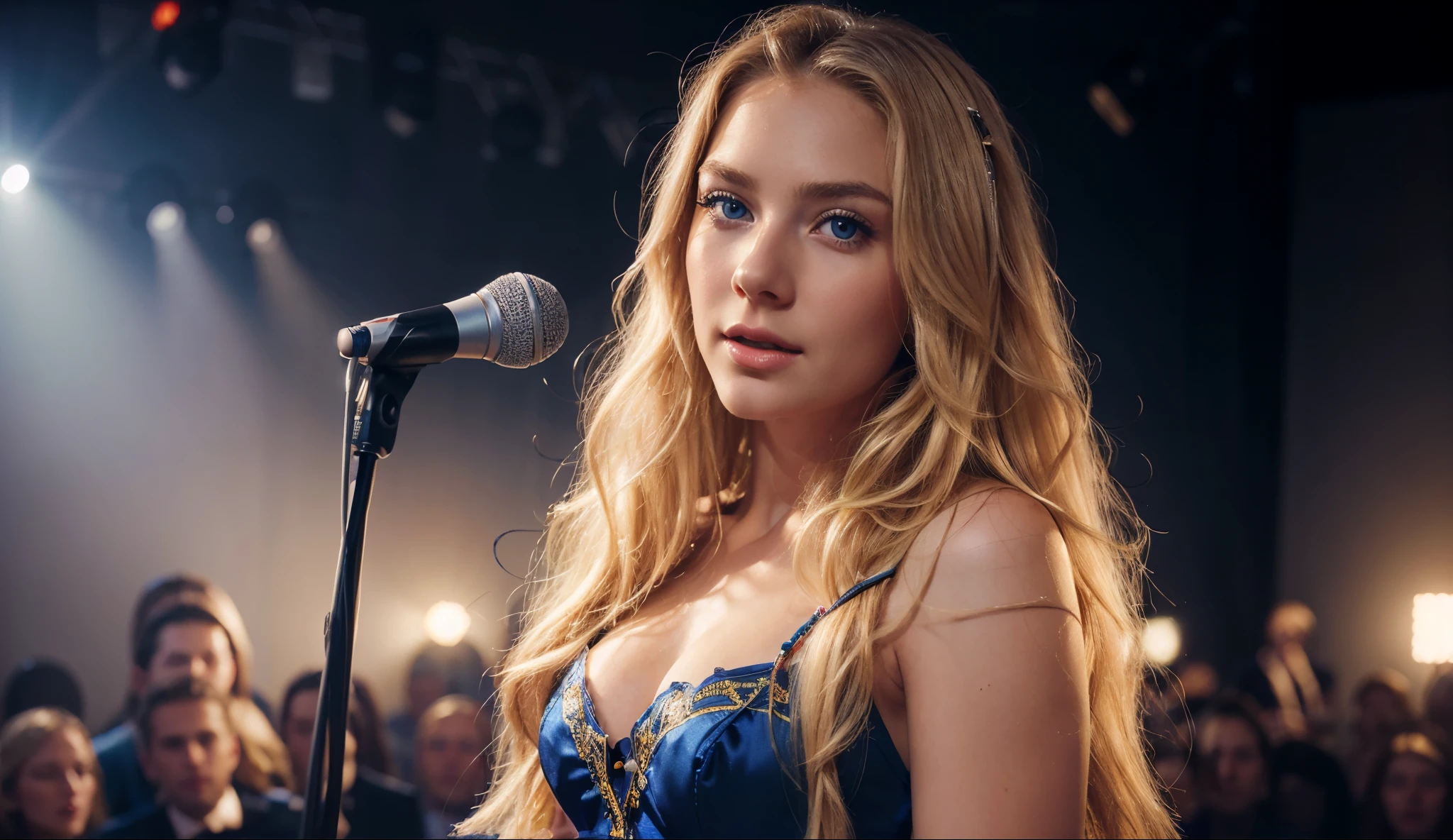 beautiful blonde woman, blue eyes, singing, detailed facial features, long blond hair, vibrant dress, elegant posture, microphone, stage lights, professional studio recording, artistic portrait, vivid colors, subtle lighting, high resolution, photorealistic style