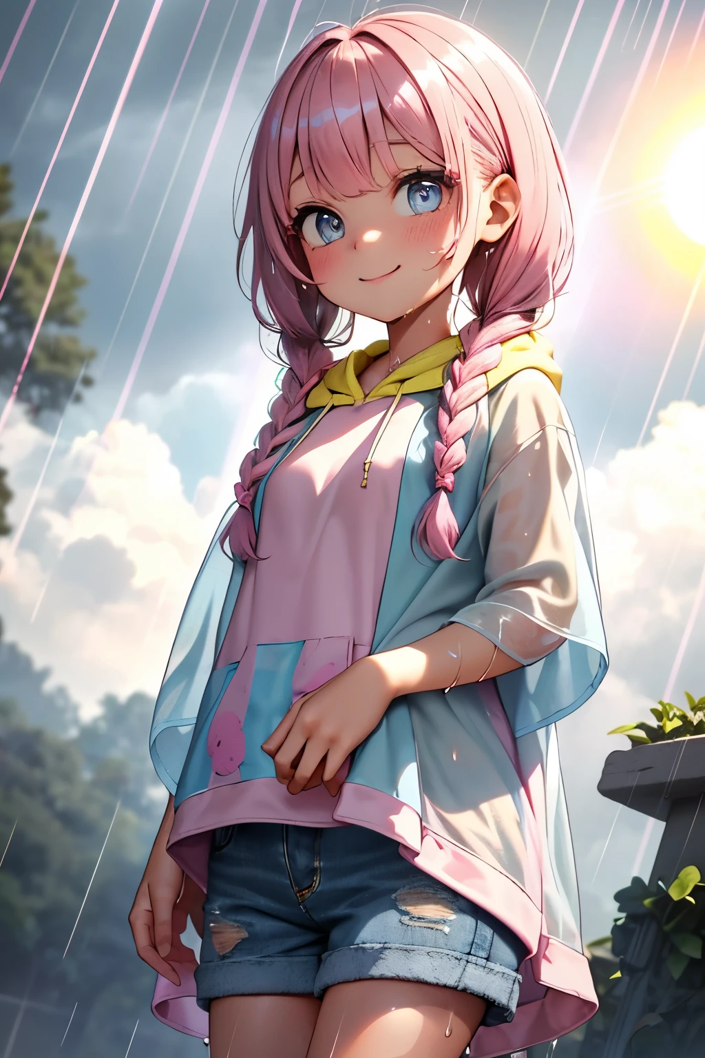 Chibi,girl,(jeans texture shorts:1.1),(Tunic dress with pink lace:1.2),(Wearing a hoodie in yellow modern style fashion:1.2),(plaid poncho:1.3),(sun shower:1.5),(foggy:1.2),(cute rain coat:1.3),(colorful hair:1.3), (Separate from long hair with double braided pigtails々Bangs:1.3),(Blue bright eyes),(Big perfect eyes like diamonds:1.2), cute, (High resolution:1.5),(Flower patterns:.25), Pink details with shine and brushes,(smile:1.1),(close up of face:1.3),(wet hair:1.3)