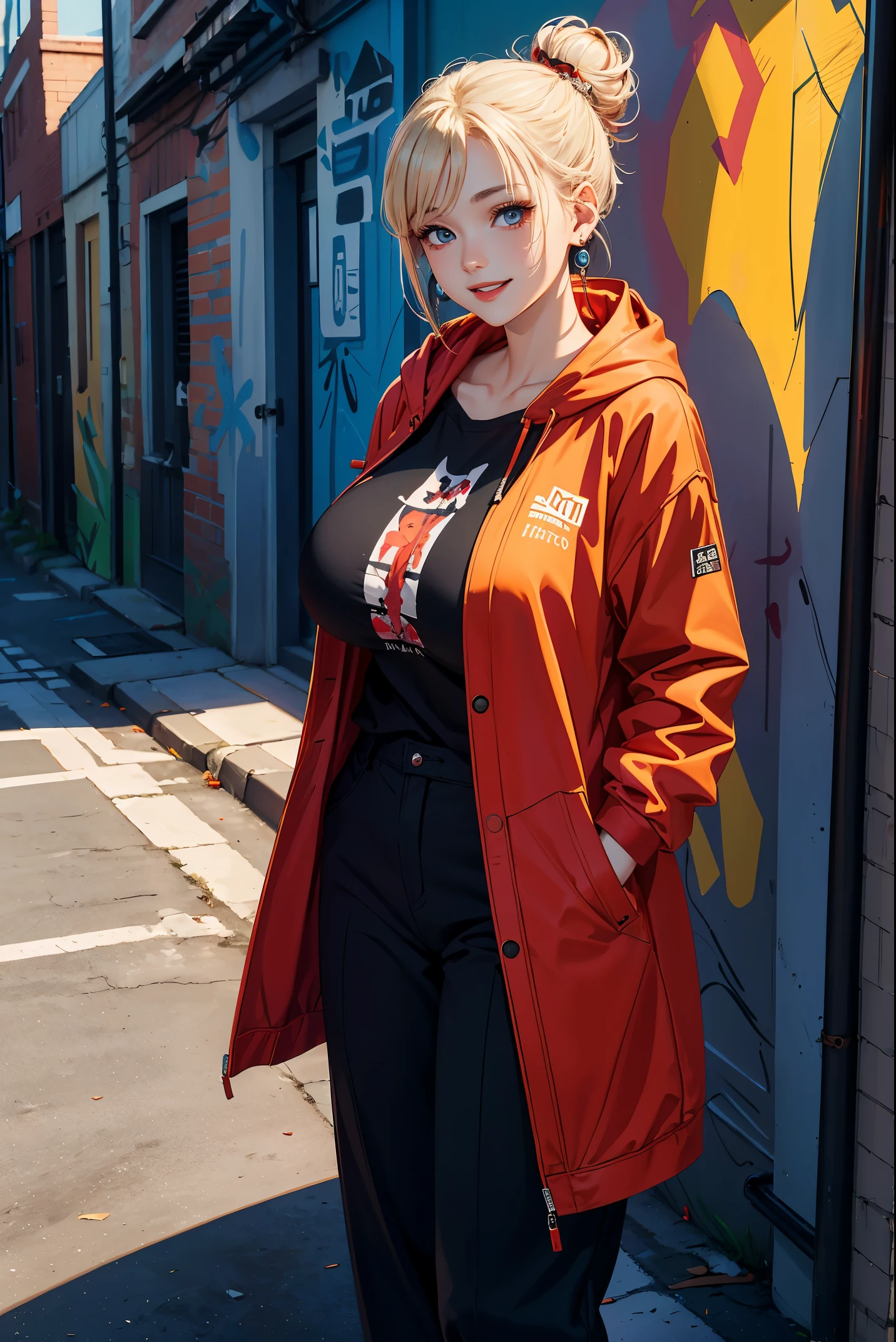 (masterpiece:1.4)、(highest quality:1.4)、ultra high resolution、beautiful features、20 year old woman、blonde bun hair、earrings、long coat、long sleeve graphic hoodie、hole trousers、(huge breasts:1.1)、red face、smile、Stand against the wall、Alley、Graphic Arts、paint graffiti on the wall